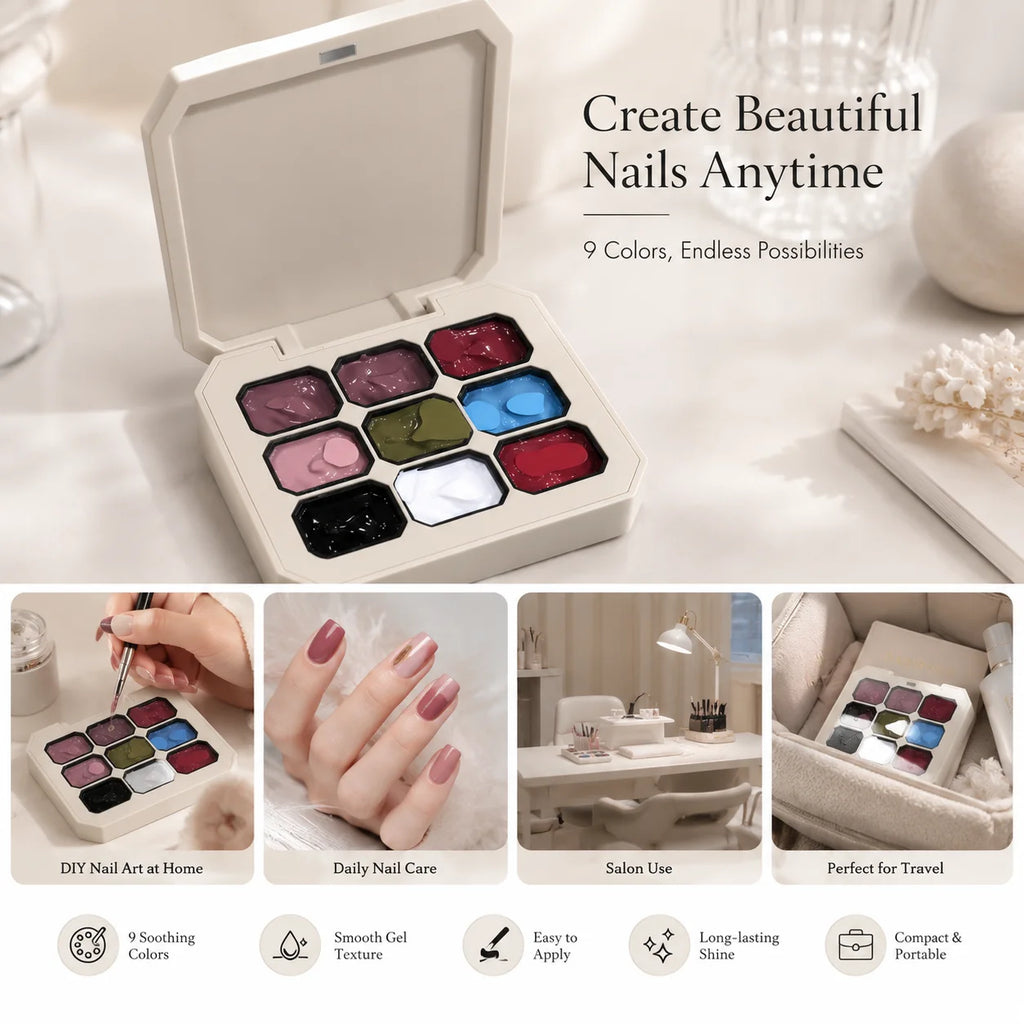 9 Colors Solid Cream Gel Nail Polish Palette Storage Case UV LED Soak Qme