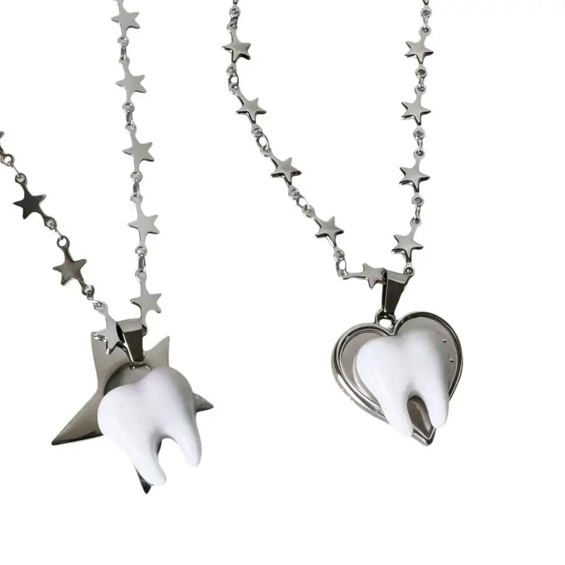 Unique Design Y2k Necklace Heart Star Cute Teeth Splicing Clavicle Chain Qme