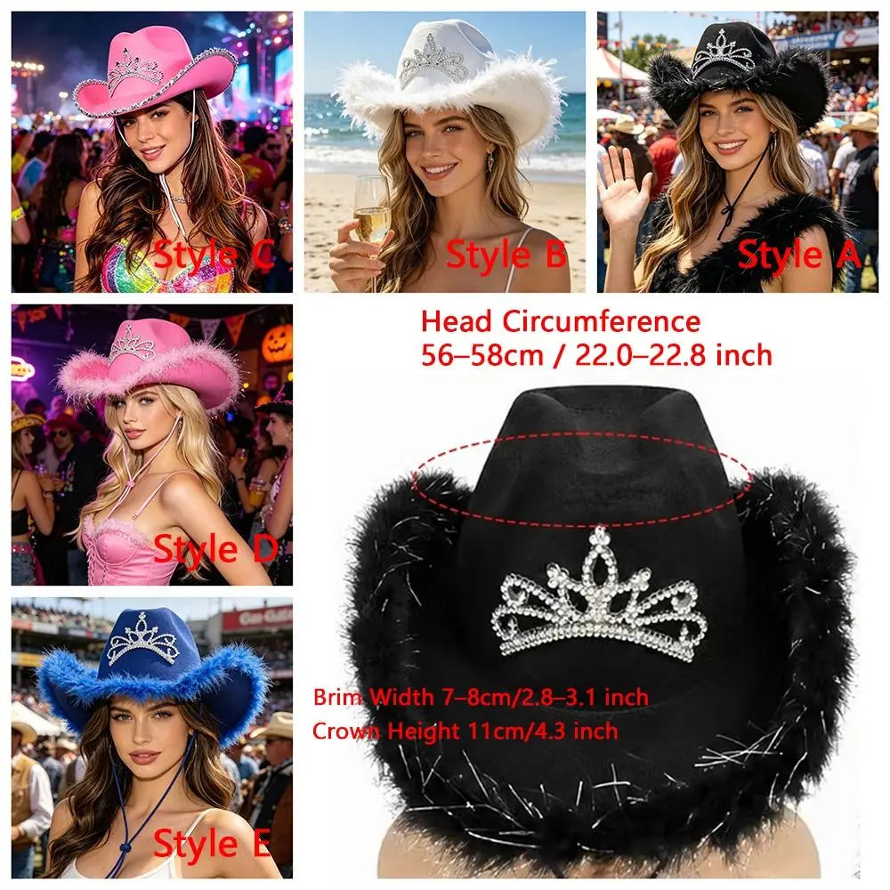Wide Curved Brim Rhinestone Tiara Cowgirl Hat Western Shape Retention Qme