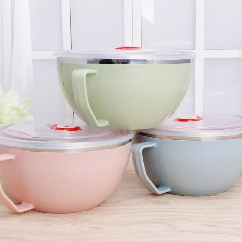 Stainless Steel Bowl with Handle Solid Color Anti Scalding Instant Noodles Mixing Bowl Kitchen Tableware Food Accessory Qme