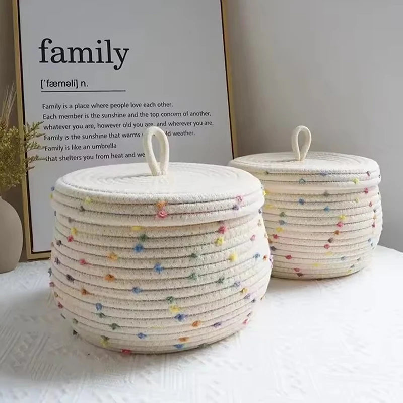 Woven Makeup Storage Basket Underwear Cotton Rope Lid Desktop Box Key Qme