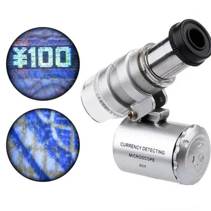 Mini 60X Microscope LED Jewelry Loupe UV Currency Detector Portable Qme