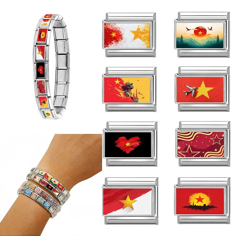 2026 Fashion Vietnamese Independence Day Series Italian Link Fit 9mm Stainless Steel Bracelet Making Bead Charm Jewelry DIY Gift Qme