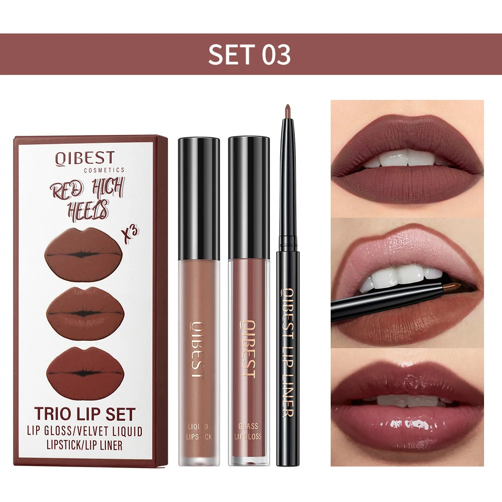 QIBEST Matte Liquid Lipstick&Lip Liner&Lip Gloss 3Pcs Sets Long Lasting Non-stick Cup Red Black Purple Lip Tint Cosmetics Kits Qme 03