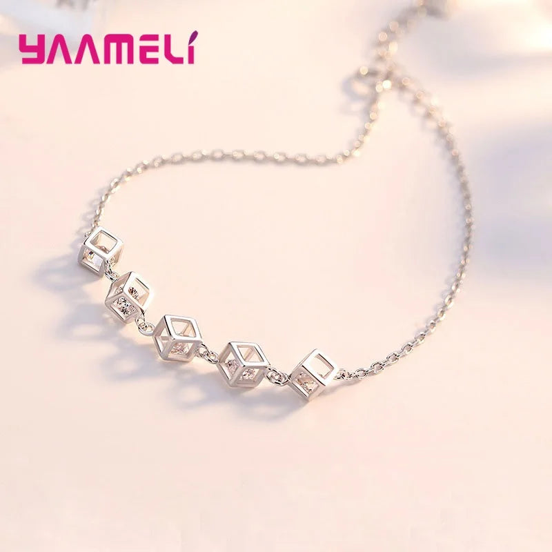 Top Sale 925 Sterling Silver Color Jewelry Gift Set Cube Cubic Zircon Necklace/Earrings/Bracelet/Ring for Wedding Engagement Qme