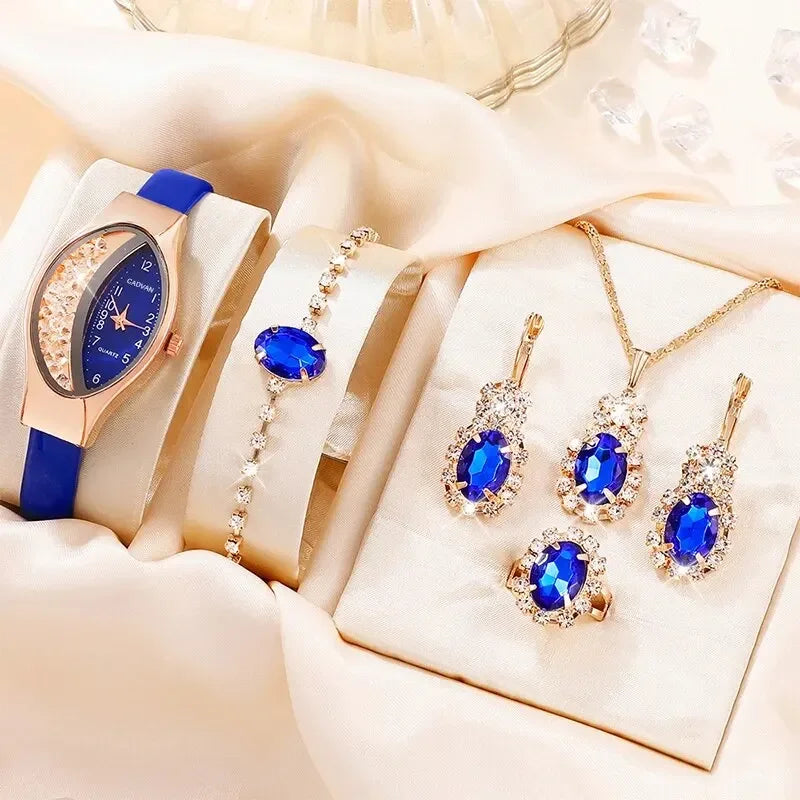 Ladies' Watch&Crystal, Quartz Watch, Watch, Luxury Brand, Design, Simple, Ladies', Women's Fashion, 6-piece Set Qme Blue suit