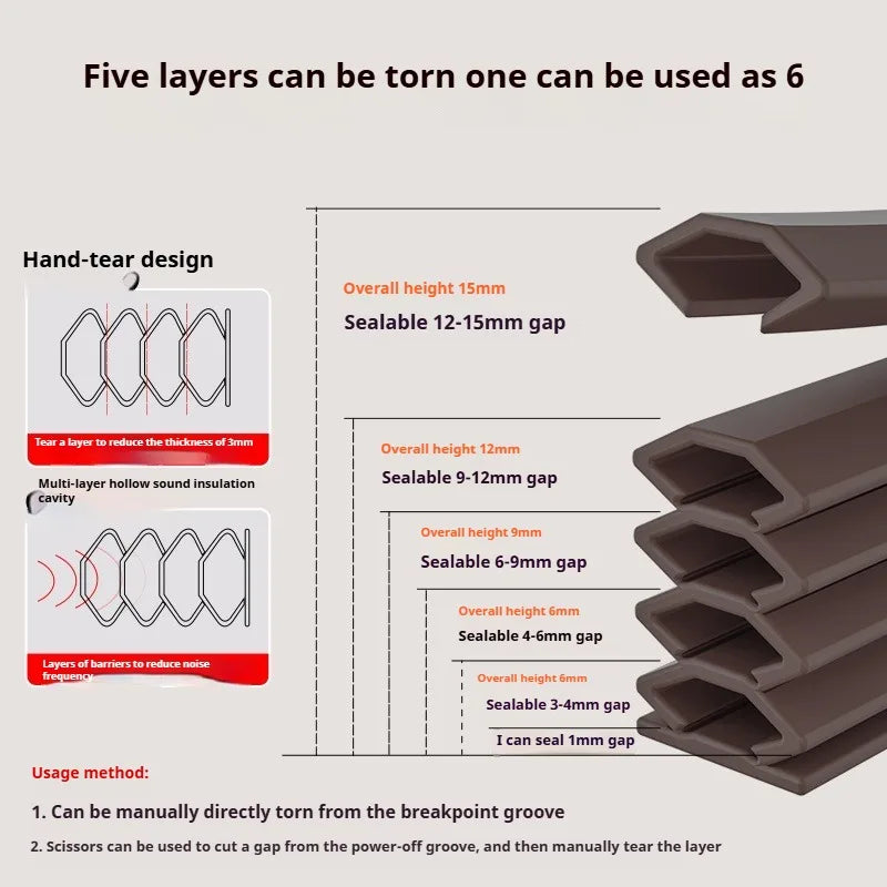 6M Tearable Weather Strip Anti-theft Door Multi-layer Windproof Dust-proof Self-adhesive Sound Insulation Window Gap Seal Strip Qme