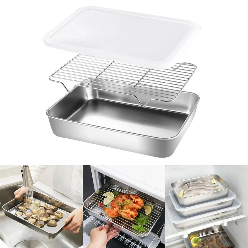 Stainless Steel Baking Pan Tray With Wire Rack Cake Baking BBQ Pan Tray Plate Oven Brownie Rack Kitchen Cooking Roasting Tool Qme