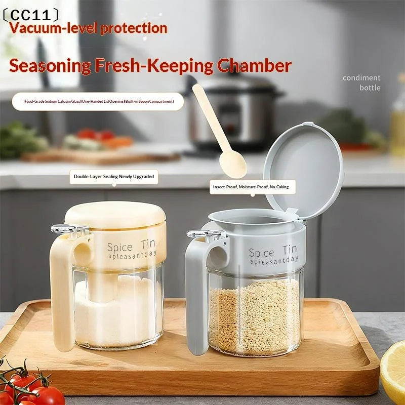Glass Spice Jar Built-in Spoon Handle Airtight Seasoning Container Qme
