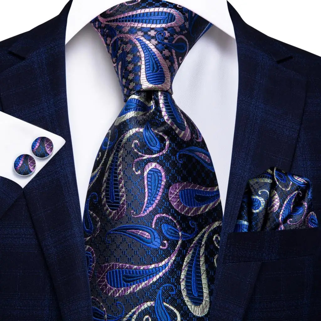 Business Tie Men Silk Blue Dots Necktie Plaid Cufflinks Wedding