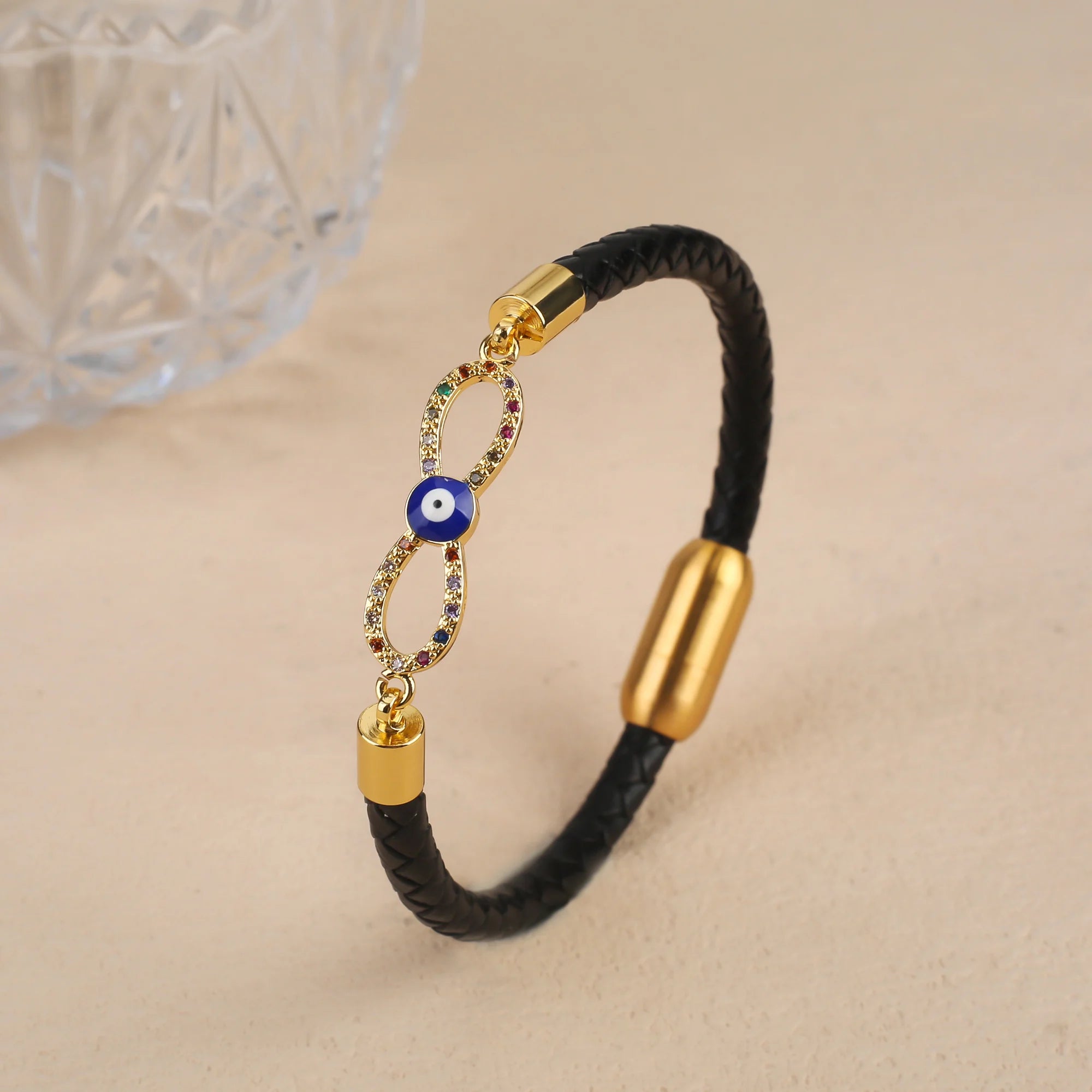 New Domineering Leopard Head Geometric Zircon Bracelet Stainless Steel Magnetic Clasp Bracelet Trendy For Men Women Jewelry Gift Qme E 23cm Black Leather