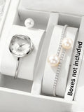 2-piece exquisite watch set, women's pearl bracelet watch, simple, personalized, versatile, lazy open mouth bracelet watch set Qme Silver No