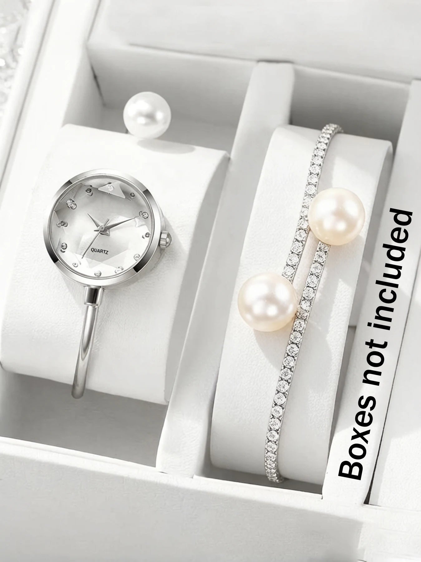 2-piece exquisite watch set, women's pearl bracelet watch, simple, personalized, versatile, lazy open mouth bracelet watch set Qme Silver No