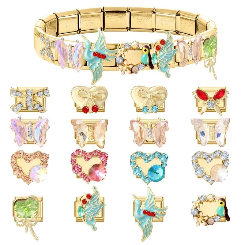 2026 Colorful Garland Flower Bird Luxury Pearl Zircon Gold Color Italian Link Fit 9mm Stainless Steel Charm Jewelry DIY Bracelet Qme