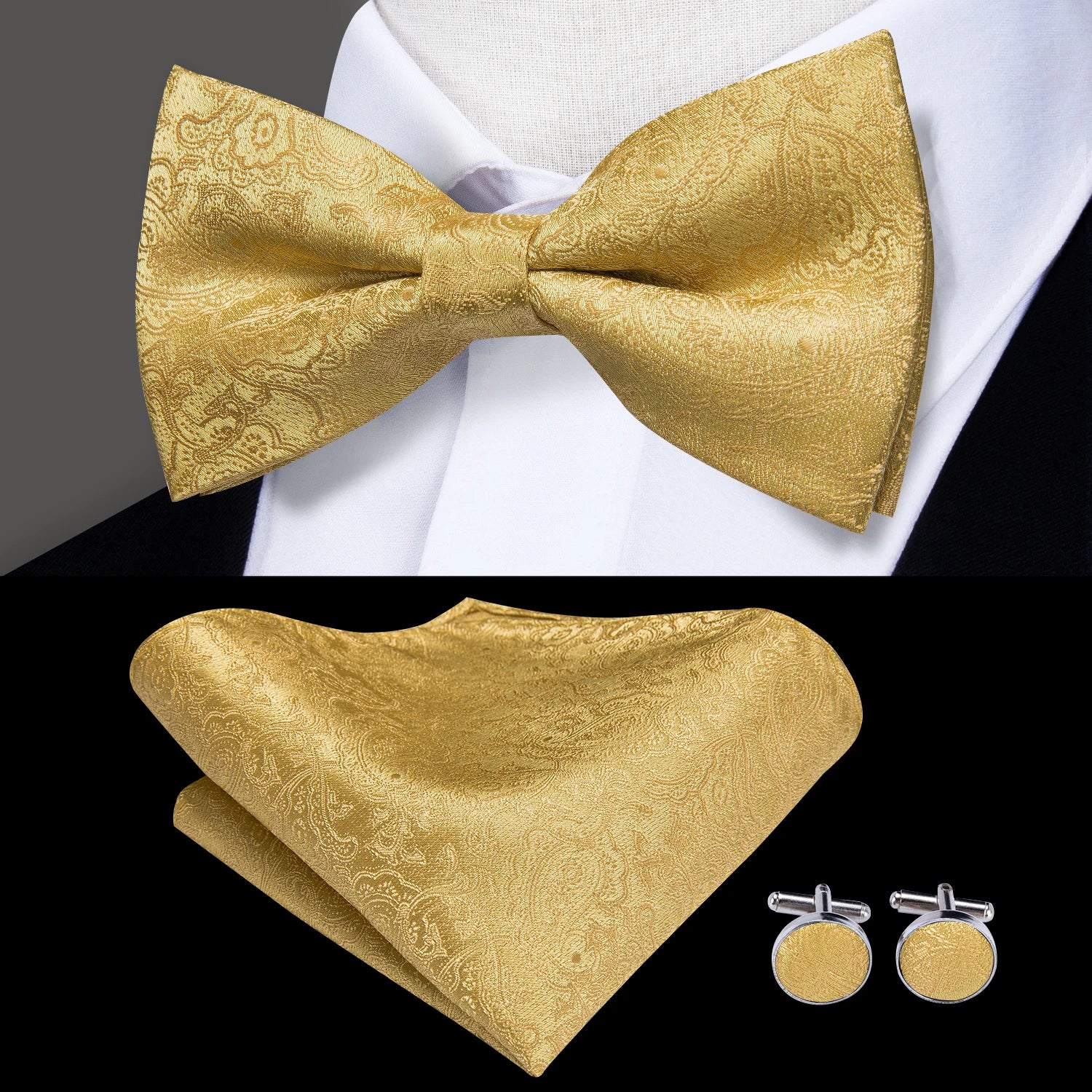 Hi-tie Silk Mens Striped Bow Tie Royal Blue Red Hanky Cufflinks