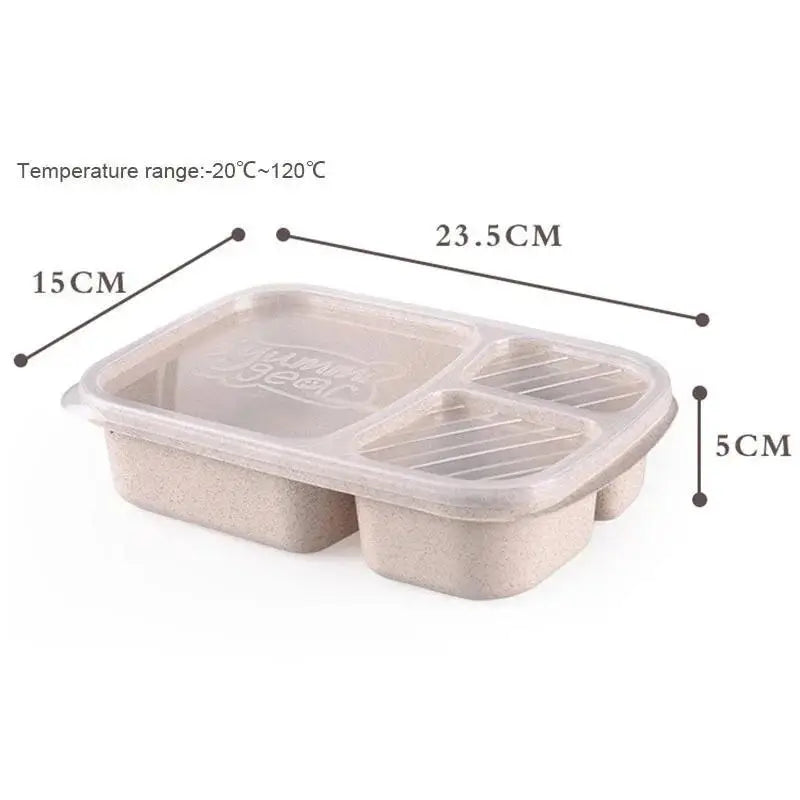 Portable Lunch Wheat Straw Box Single Layer 3 Grid Lid Microwave Food Qme