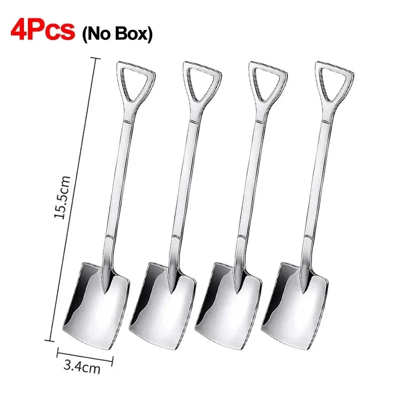 Stainless Steel Shovel Spoon Cutlery Coffee Tea Spoon Ice Cream Dessert Fruit Party Scoop Teaspoon Kitchen Tableware Cutlery Set Qme B-4PCS