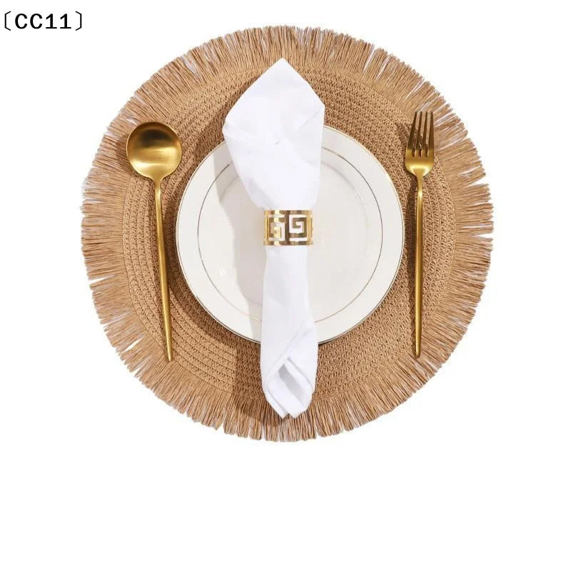Woven Rattan Round Placemat Handmade Fringe Edge Heat Resistant Home Qme