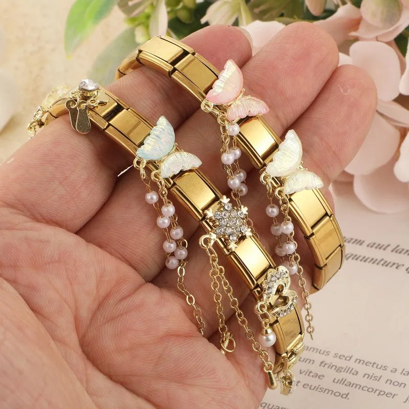 Fashion Pearls Tassel Chain Heart Butterfly Golden Pendant Italian Charm Links Fit 9MM Stainless Steel Bracelet Women DIY Making Qme