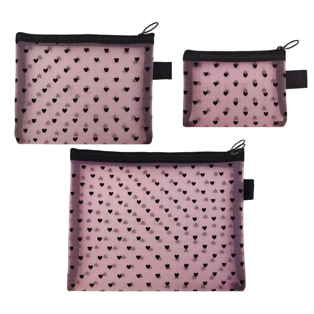 Makeup Bag Heart Print Mesh Portable Zippered Pouch Cosmetic Qme