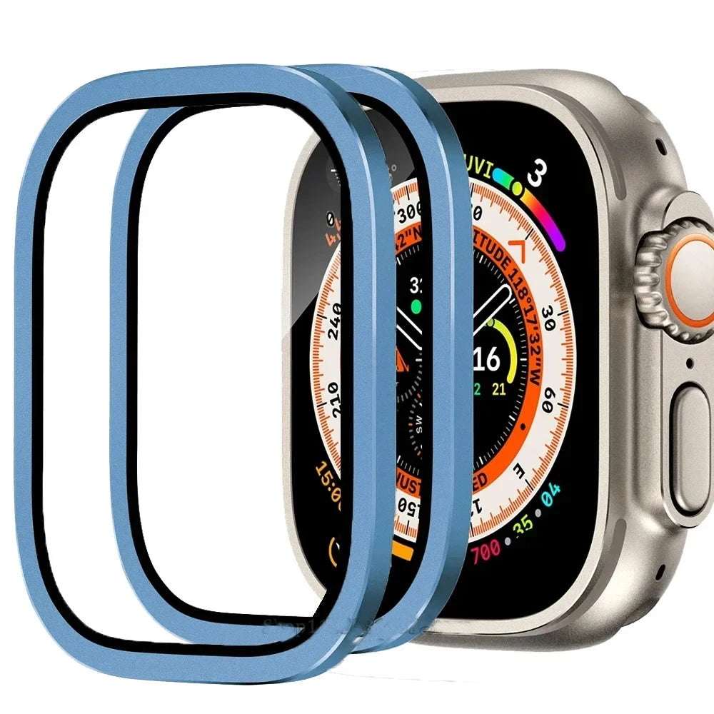 2PCS Tempered Glass For Apple Watch Ultra 49mm Screen Protector Anti-Scratch HD Metal Bumper Full Film for IWatch Ultra 49mm Qme 2PCS Light Blue For Ultra 1 2 49MM