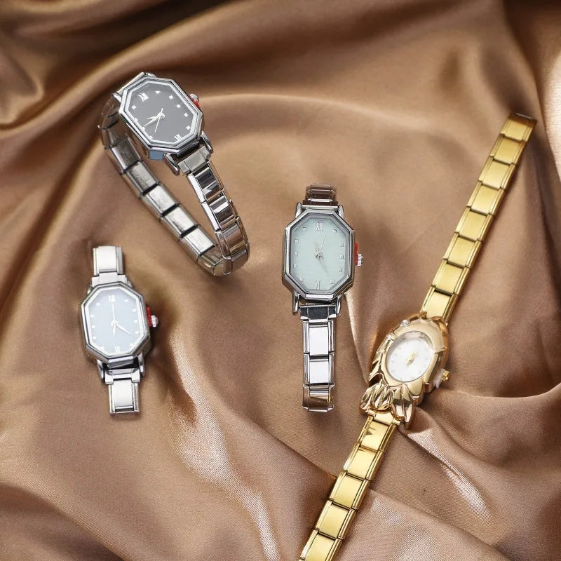 Fashion Watch Women's DIY 9MM Width Italian Elastic Charm Stainless Candy Zircon Watch Head Link Bracelet Jewelry Birthday Gifts Qme