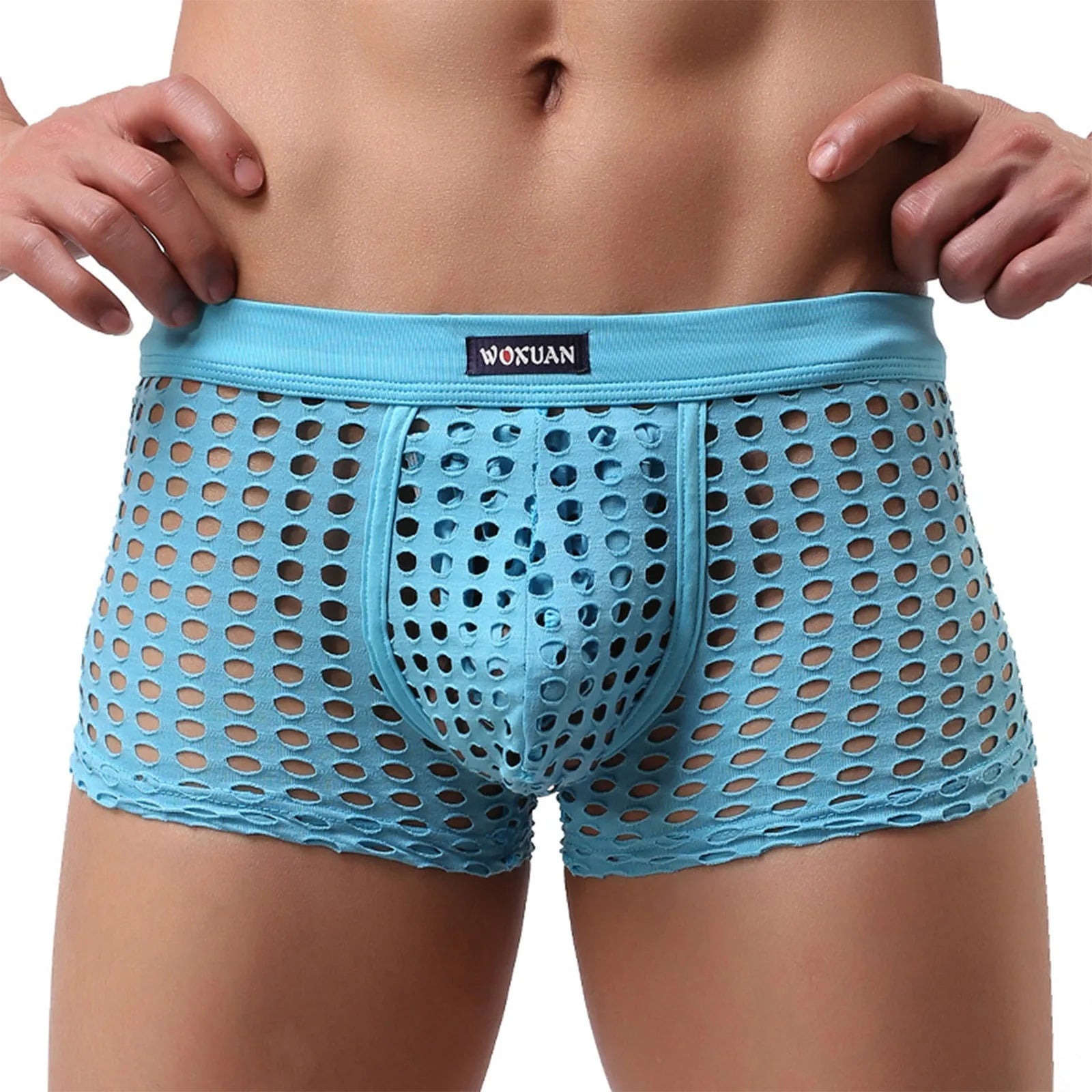 See-through Sexy Mens Mesh Hollowed Out Shorts Underwear Breathable Loose Comfortable Erotic Thongs Qme Blue L