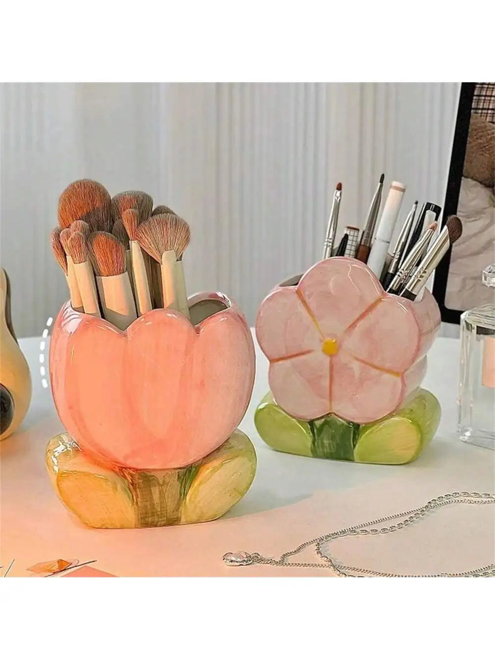 Tulip Ceramic Pen Holder Makeup Brush Storage Jar Desk Decoration Qme
