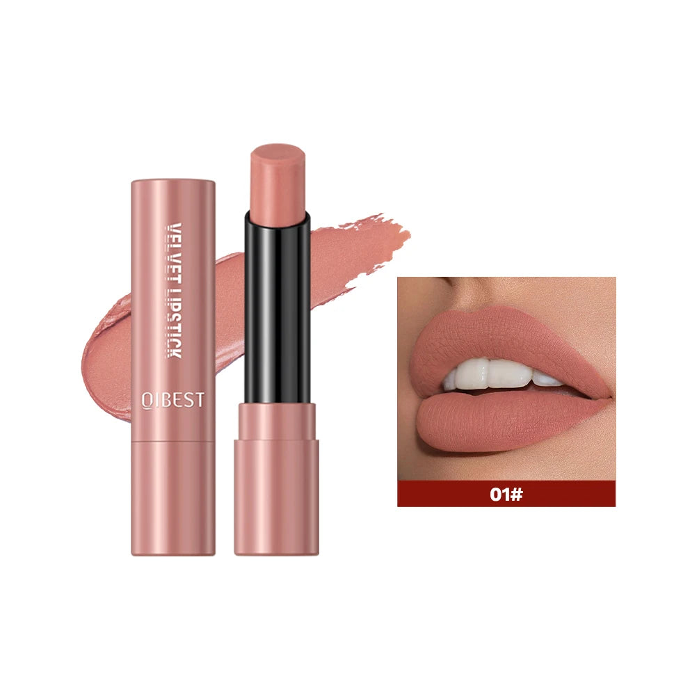 QIBESTNatural Velvet Matte Lipstick Long-lasting 10 Color Lip Stain Lightweight Moisturizing Lip Balm Women Makeup New Lip Tint Qme 01