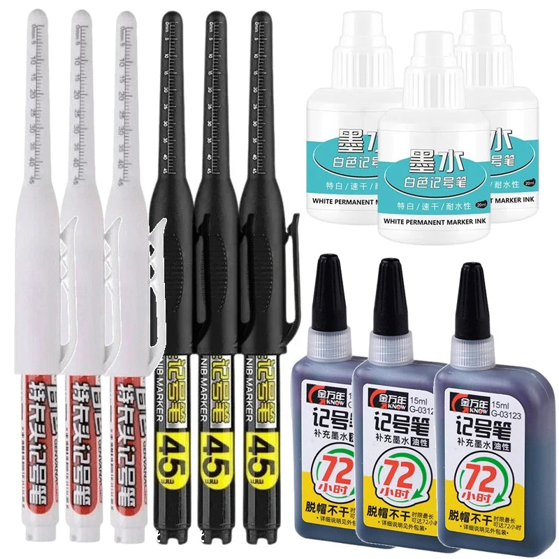 45mm Waterproof Long Head Nib Deep Hole Markers Pen Tile Carpenter Pen Multi-purpose for Woodworking Black/White/Red Ink Qme 6 pens 6 inks mix-B