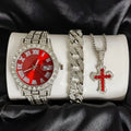 Men's Hip Hop Iced Out Jewelry Combo, Gold Plated Diamond Watch + Cuban Bracelet + Cross Necklace, Fashion Accessory Qme Multicolor