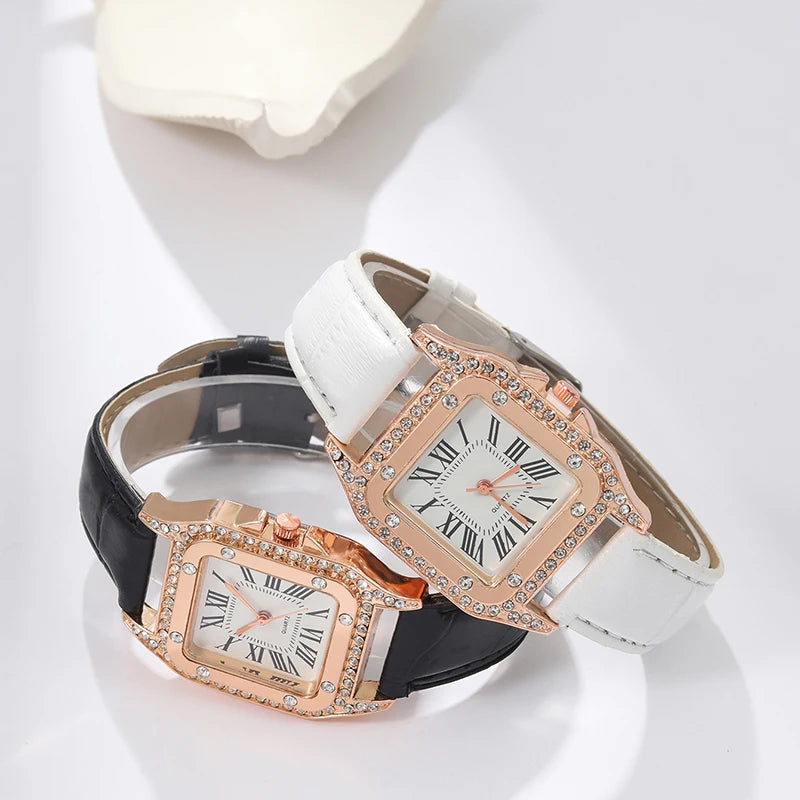 2pcs/set Luxury Women's Watch Set Analog PU Leather Wrist Watch Fashion Luxury Elegant Alloy Wristwatch Couple Watch Qme