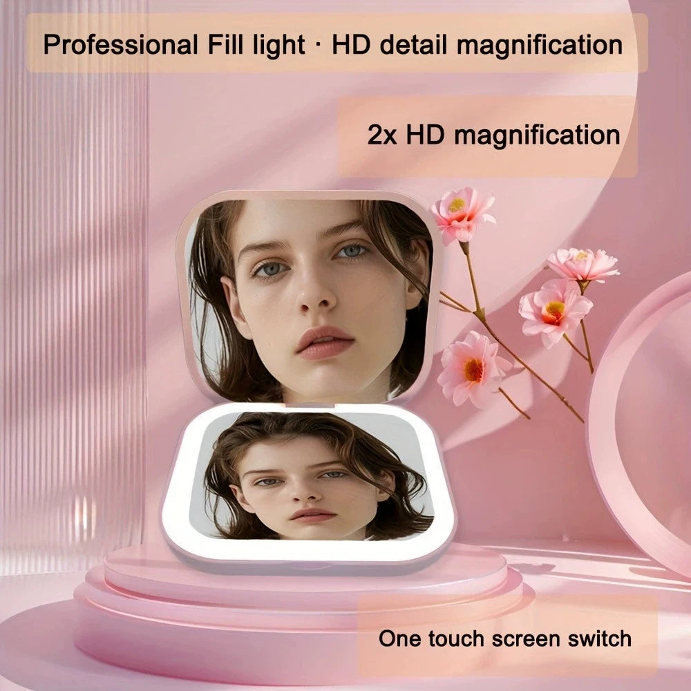 Compact Small Mini Travel Folding Vanity Cosmetic Mirror with Lights Portable HandHeld Pocket LED Makeup Mirror Qme