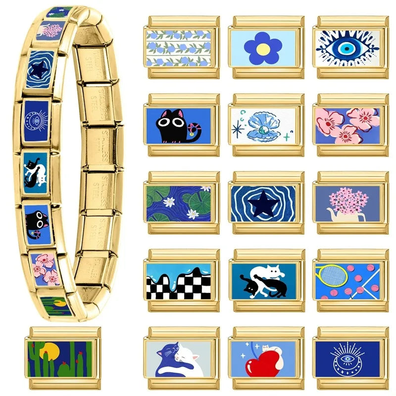 2026 Design Blue Pink Headscarf Kawai Cats Series Italian Charm Links Stainless Steel Fit 9mm Bracelet Jewelry DIY Making Gifts Qme