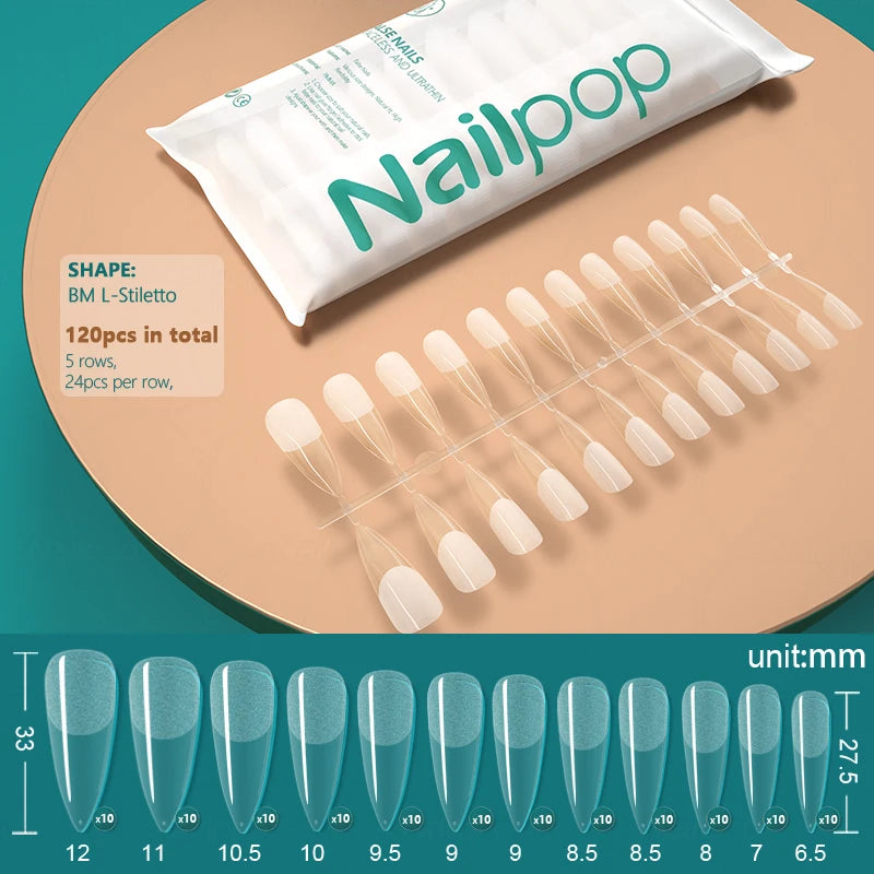 NAILPOP False Nails Acrylic Press Coffin Artificial Clear Fake Nail Qme SemiM L-Stiletto 120