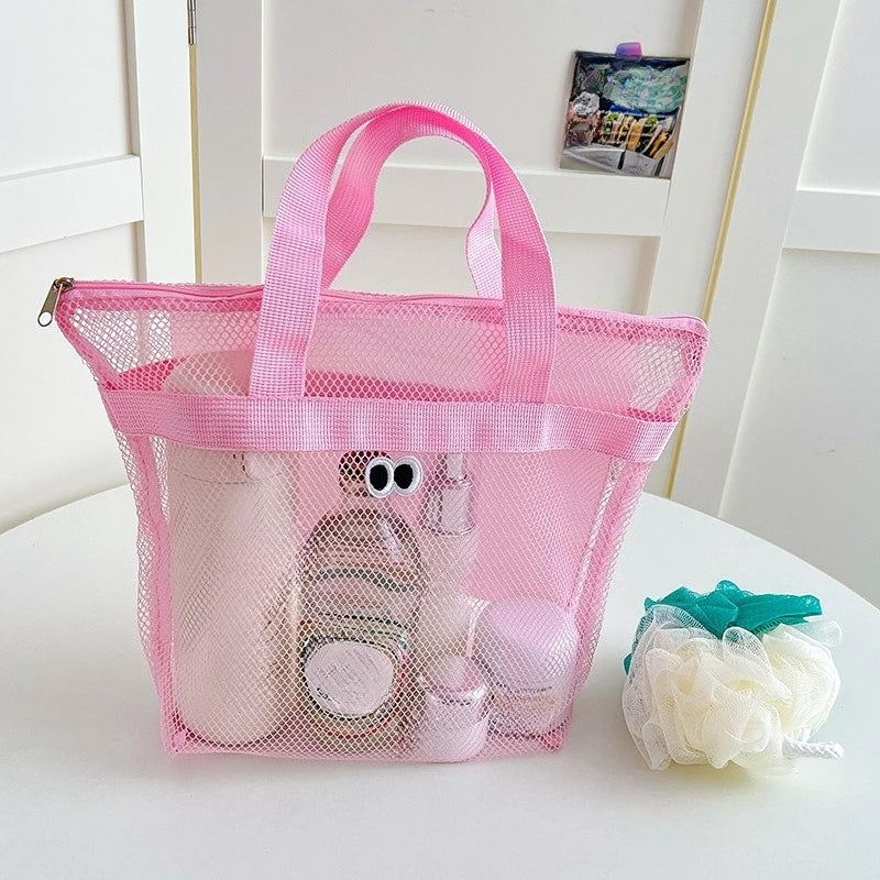 Portable Mesh Storage Bag for Seaside Vacation Swimming Fitness Toiletries Organizer Qme pink 1pcs