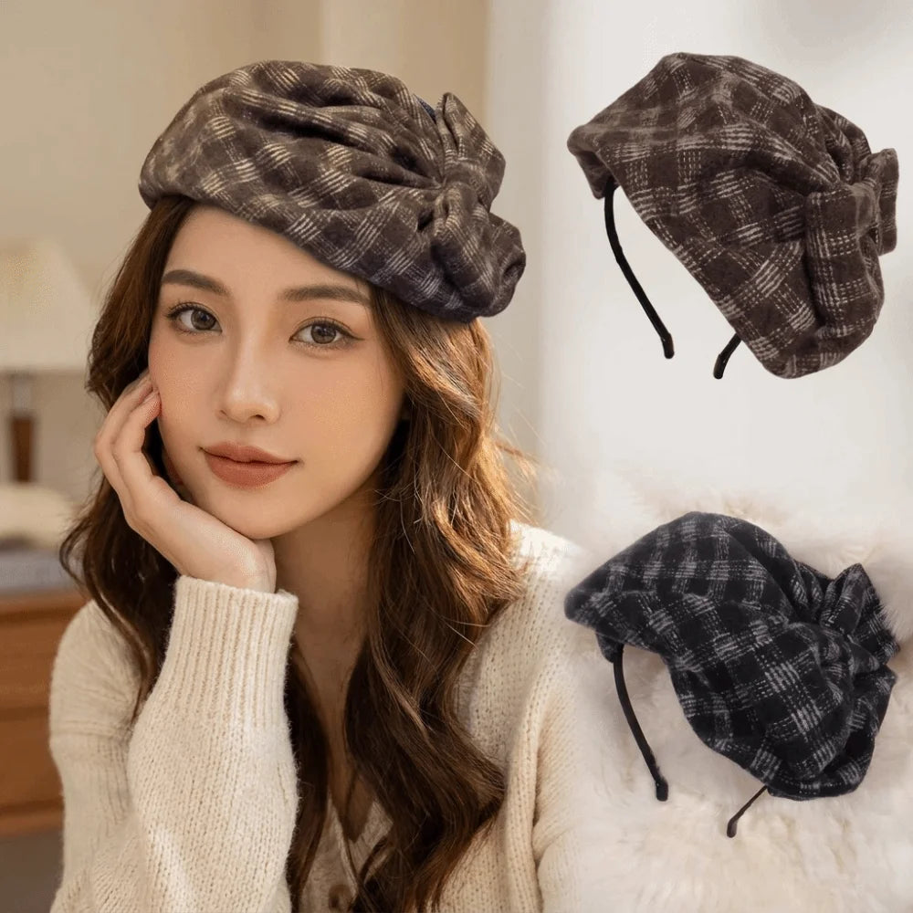 Retro Vintage Half-cap Headband Elegant Checkered Bowknot Headwear Qme