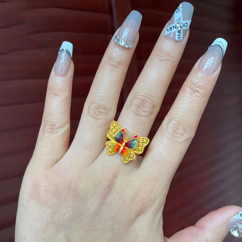 Ancient Fasha Gold Enamel Color Hollow Out Flower Thread Colorful Butterfly Ring for Women Adjustable Party Jewelry Wholesale Qme