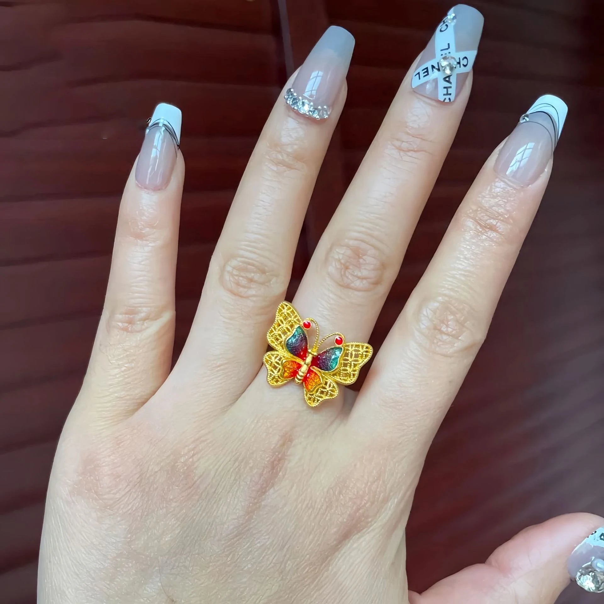 Ancient Fasha Gold Enamel Color Hollow Out Flower Thread Colorful Butterfly Ring for Women Adjustable Party Jewelry Wholesale Qme