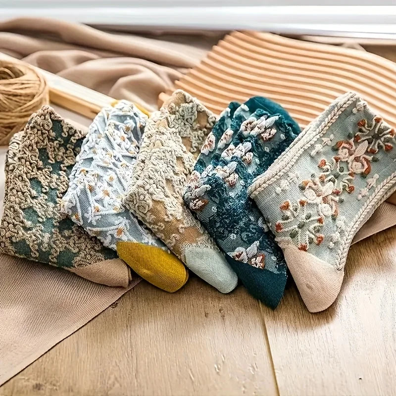 3pairs Floral Print Court Socks - Elegant, Breathable Fabric, Sweat-Absorbent, Comfortable Stockings for Daily WearRandom color Qme