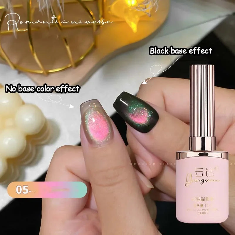 Double Light Romantic Cat Eye Magnetic Gel Nail Polish Sparkling Rainbow Colorful Soak Off Nail Art Gel Varnish Semi Permanent Qme 05