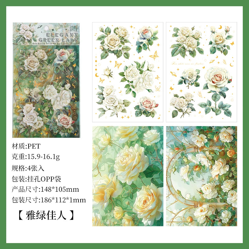 4pcs/pack Large size Aesthetic Flowers PET Stickers Shell Light DIY Scrapbooking Decor Stationery Collage Junk Journal Supplies Qme D