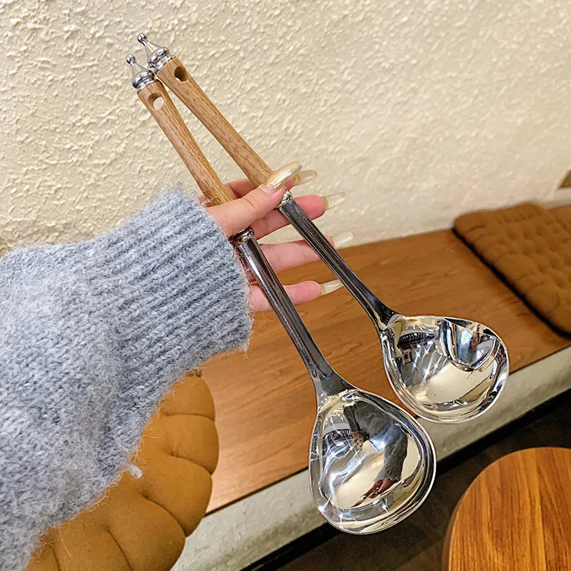 Stainless Steel Wooden Handle Soup Spoon Strainer Household Pot Ladle Qme