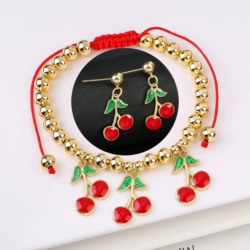 2PCS Trendy Red Cherry Strawberry Bracelet Earring Fruit Set for Women Casual Vacation Zirconia Jewelry Girls Lucky Gift Qme Jewelry Set 16
