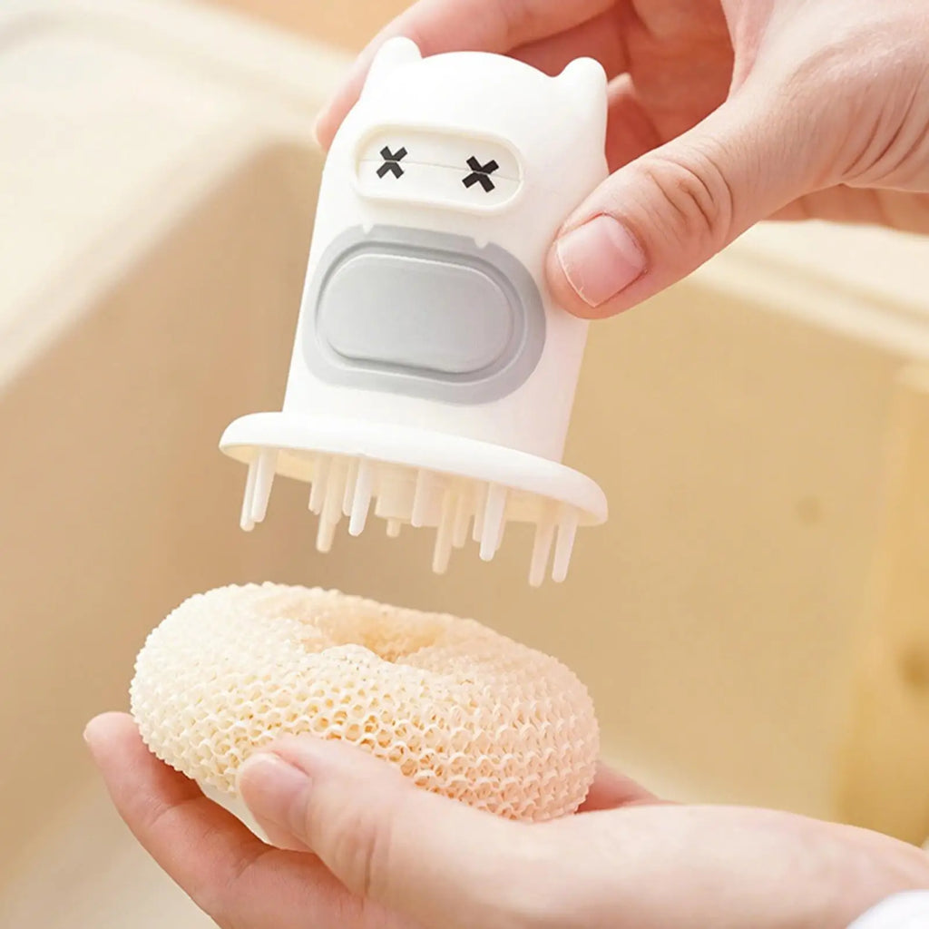 Dish Brush Soap Dispenser Kitchen Press Scrub Sponge Cookware Qme