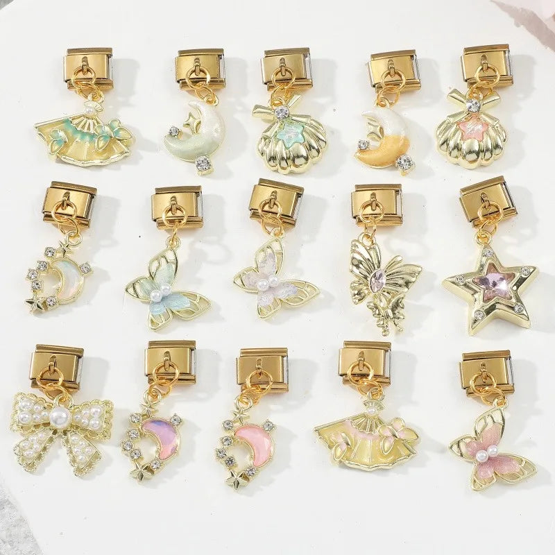 Y2k Charm Colored Butterfly Bowknot Leafs Italian Charm Links Fit 9mm Bracelet Stainless Steel DIY Jewelry Making Wholesale Qme