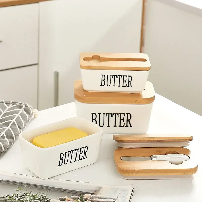 Ceramic Butter Container Box Restaurant Sealed Storage Box Cheese Box with Knife Bamboo Lid Butter Slicer Butter Dish Tableware Qme