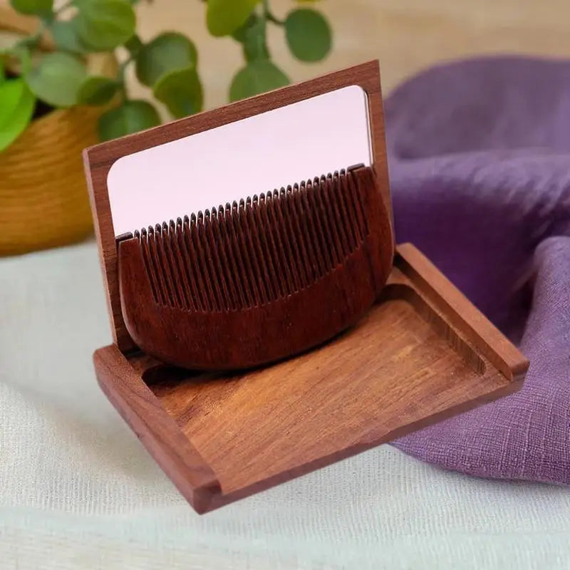 2-in-1 Wooden Comb Mirror Compact Red Sandalwood Folding Travel Home Qme