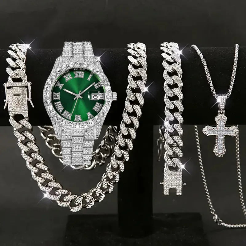 New tricolor watch set with diamonds, Cuban necklace bracelet, and cross four piece large dial Qme Ivory