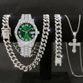 New tricolor watch set with diamonds, Cuban necklace bracelet, and cross four piece large dial Qme Ivory
